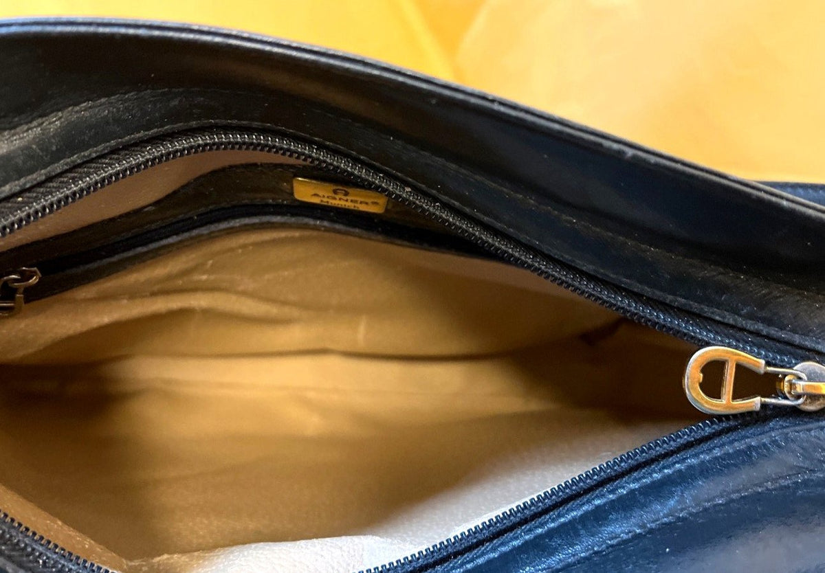 AIGNER Munich Vintage Leder Schultertasche Umhängetasche Schwarz Reißverschluss