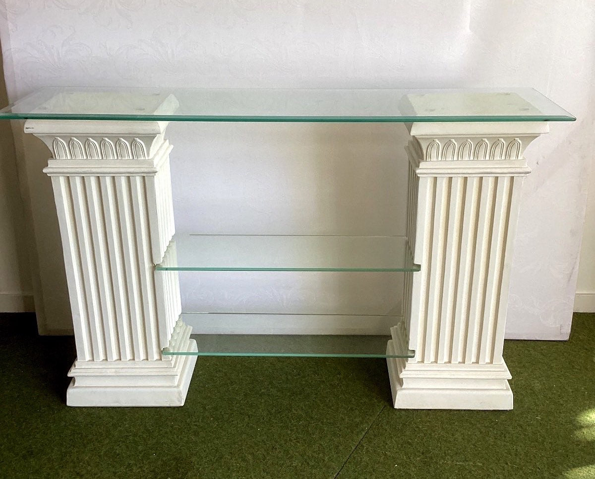Konsolentisch Säulen Glasplatten antik Stil weiß Sideboard Regal Konsole