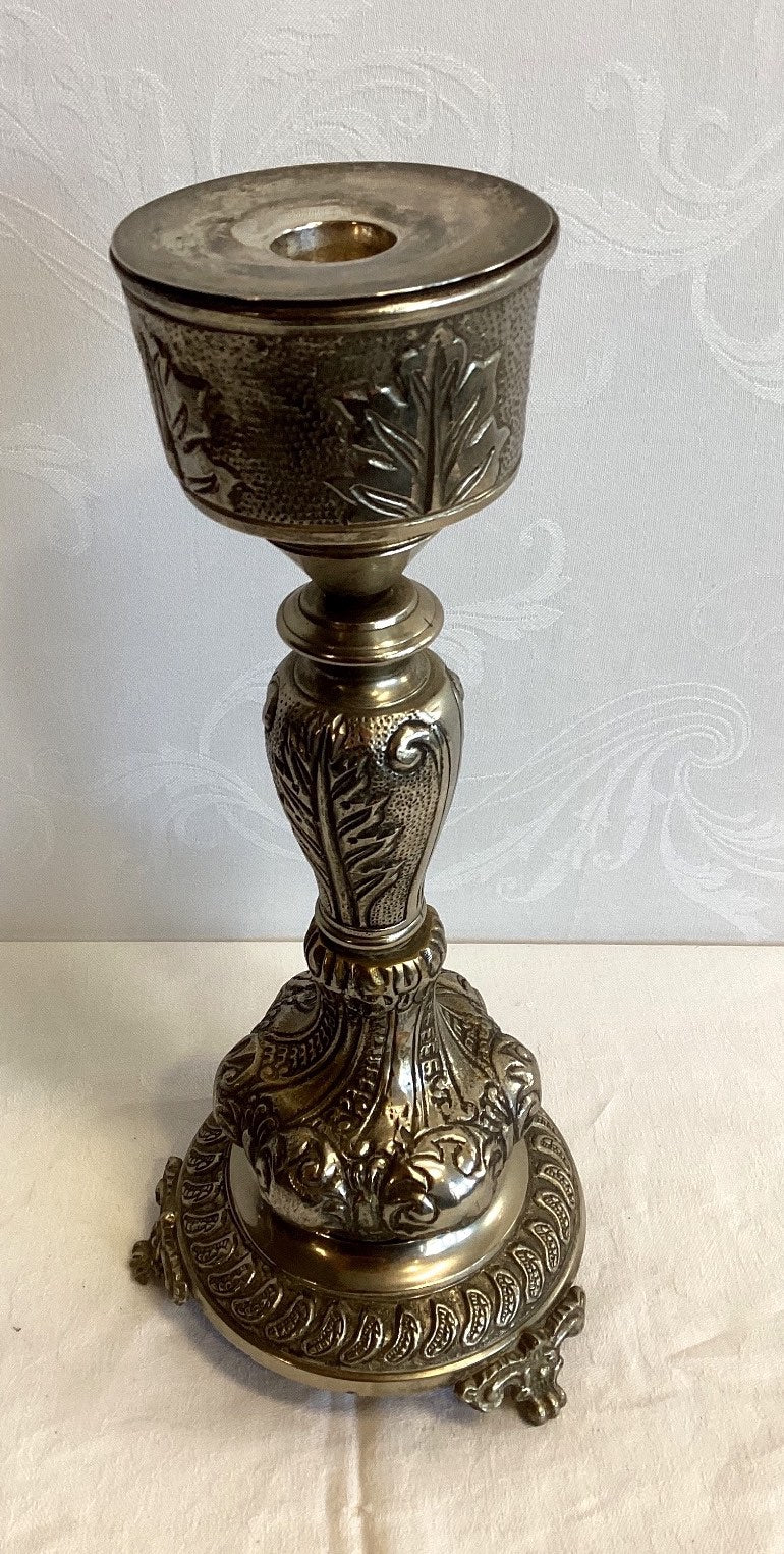 Antiker Kerzenständer Barock Rokoko versilbert Messing Blattdekor Ornament