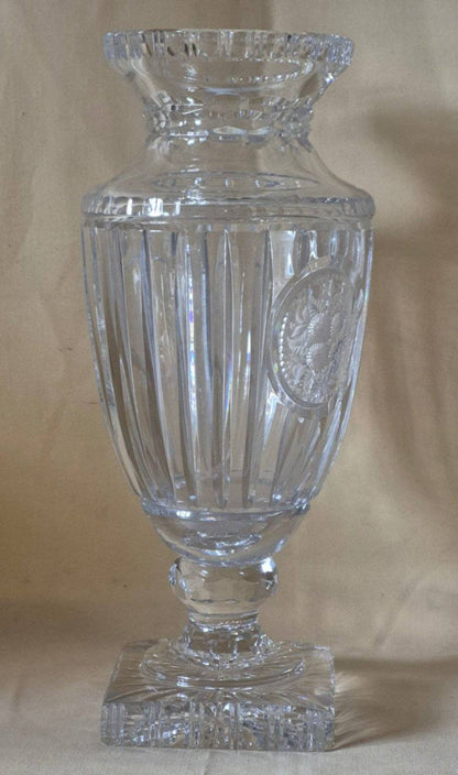 Edle Kristallglas Pokalvase Schliffdekor Blumen Medaillon Urnenvase um 1920