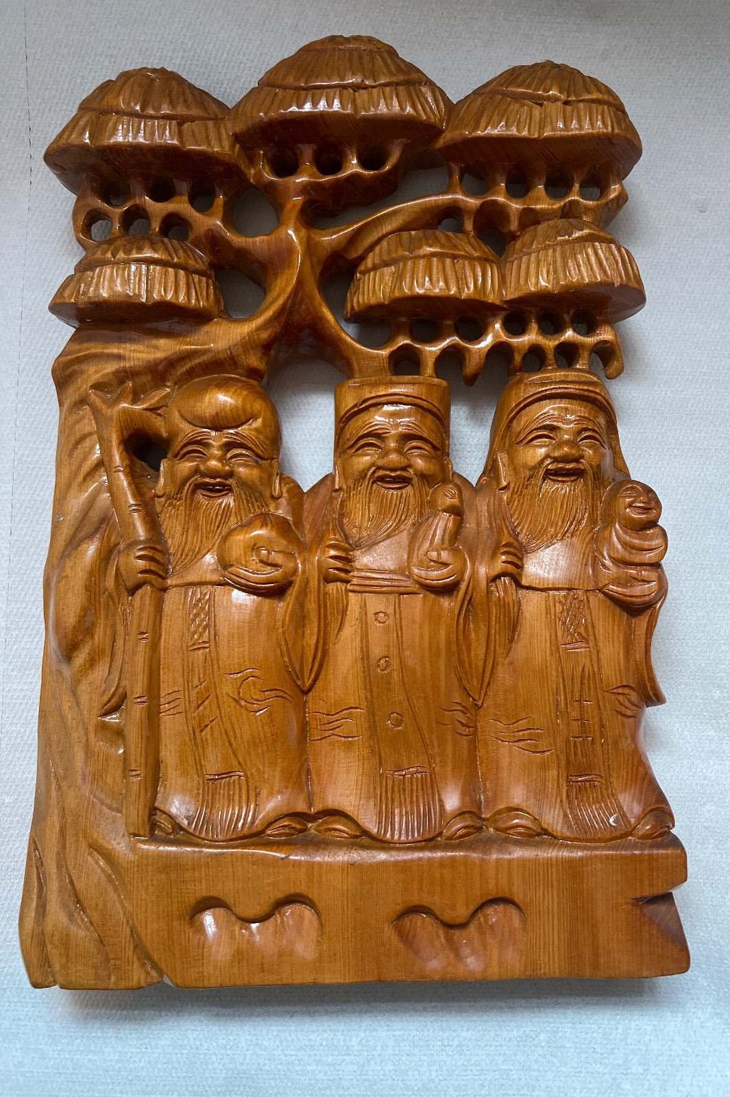 Holzschnitzerei Drei Glücksgötter Fu, Lu, Shou, asiatisch, Vintage Skulptur