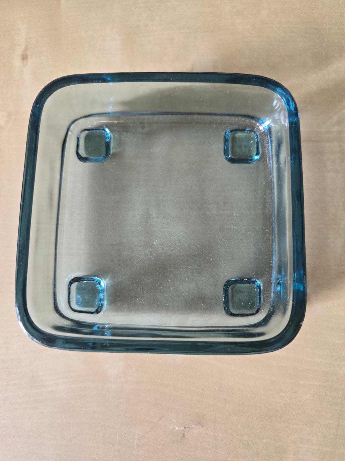 Teakholz Serviertablett Gitteroptik + 6 blaue Glasschälchen 60er/70er