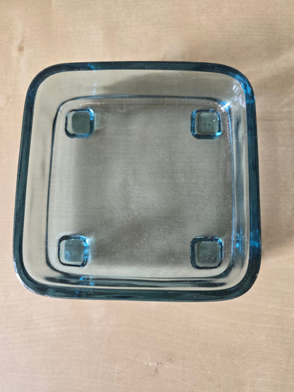 Teakholz Serviertablett Gitteroptik + 6 blaue Glasschälchen 60er/70er
