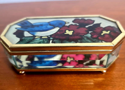 Schmuckdose Glas Messing Bleiverglasung Bluebird Blumen Spiegelboden Vintage