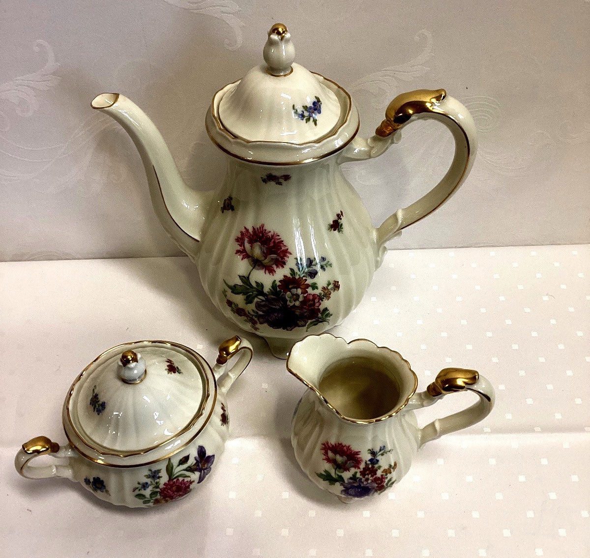 Fürstenberg Kaffeeservice 3-tlg Blumendekor Goldrand Baroque Kanne Milch Zucker