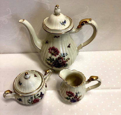 Fürstenberg Kaffeeservice 3-tlg Blumendekor Goldrand Baroque Kanne Milch Zucker