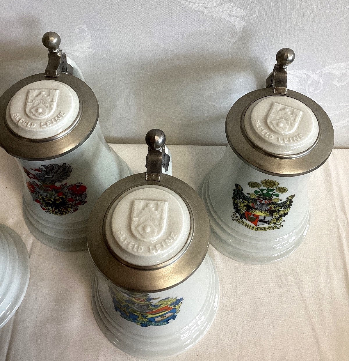 5x Fürstenberg Bierkrug Porzellan Zinndeckel Wappen Hannover Papier Alfeld Leine