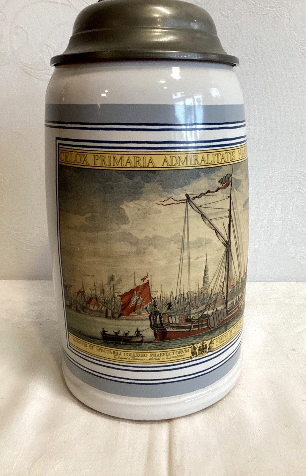 Holsten Bierkrug Porzellan Zinndeckel Hamburg Admiralität 1989 Sammler H 23cm