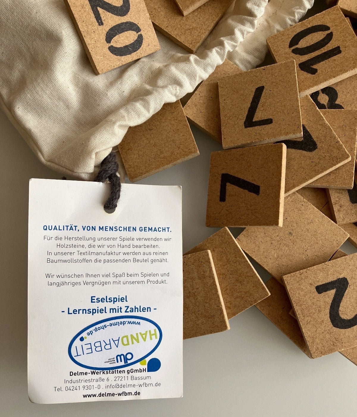 Delme-Werkstätten Eselspiel Lernspiel Zahlen Holzplättchen Beutel Kinder