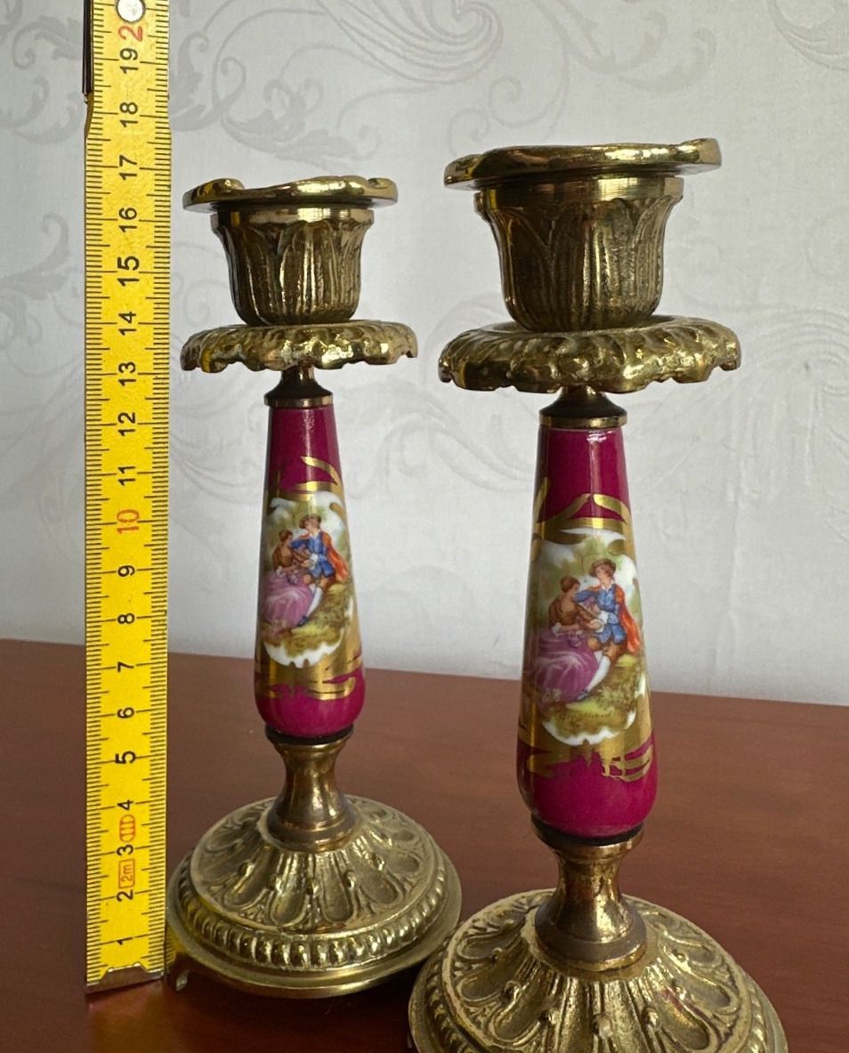 2 Kerzenleuchter Messing Porzellan Rokoko-Stil handgemalt Golddekor 16,5 cm
