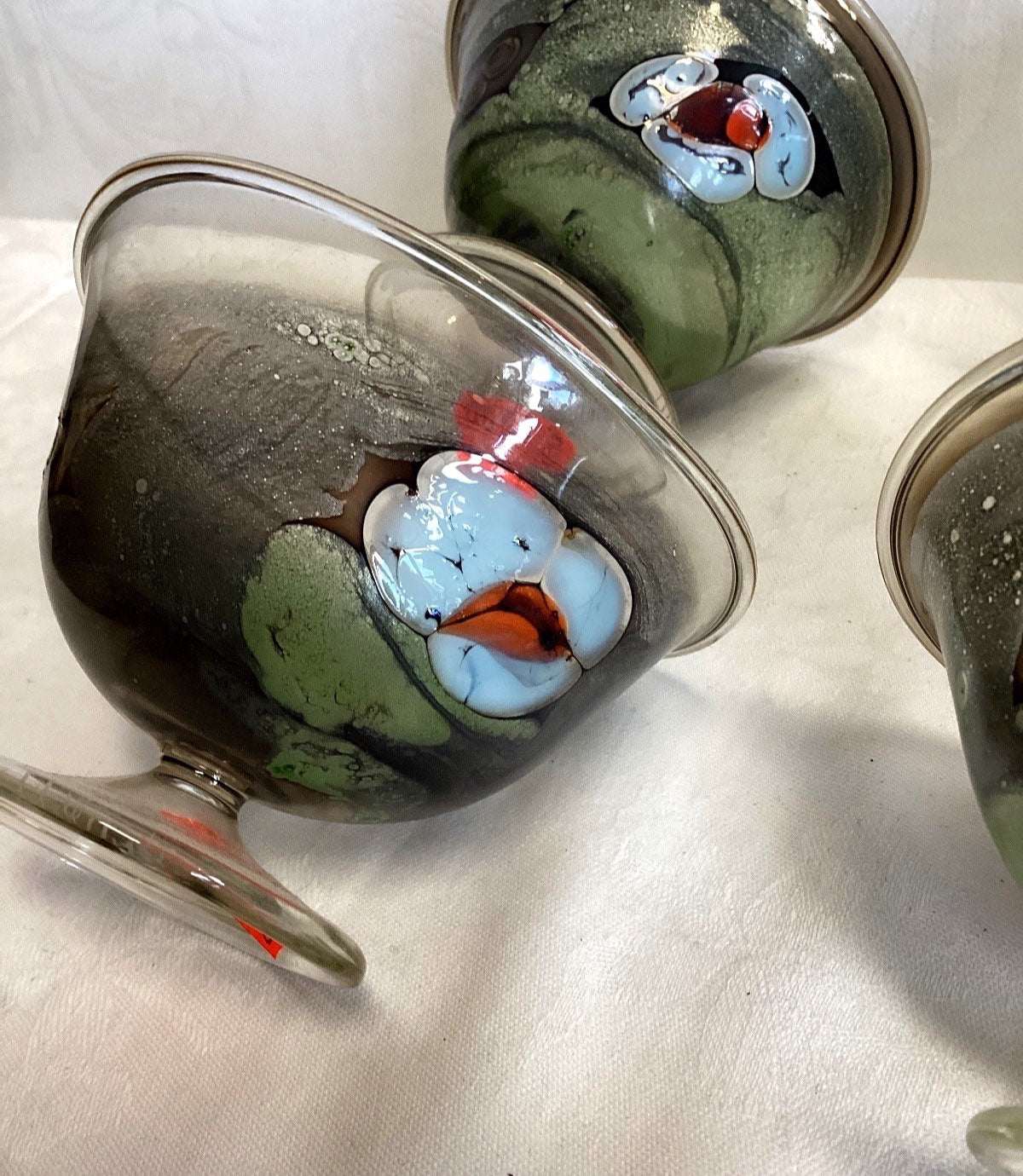 6x Eisschalen Dessertschalen Glas Fuß Murrine Dekor grün bunt Vintage Set