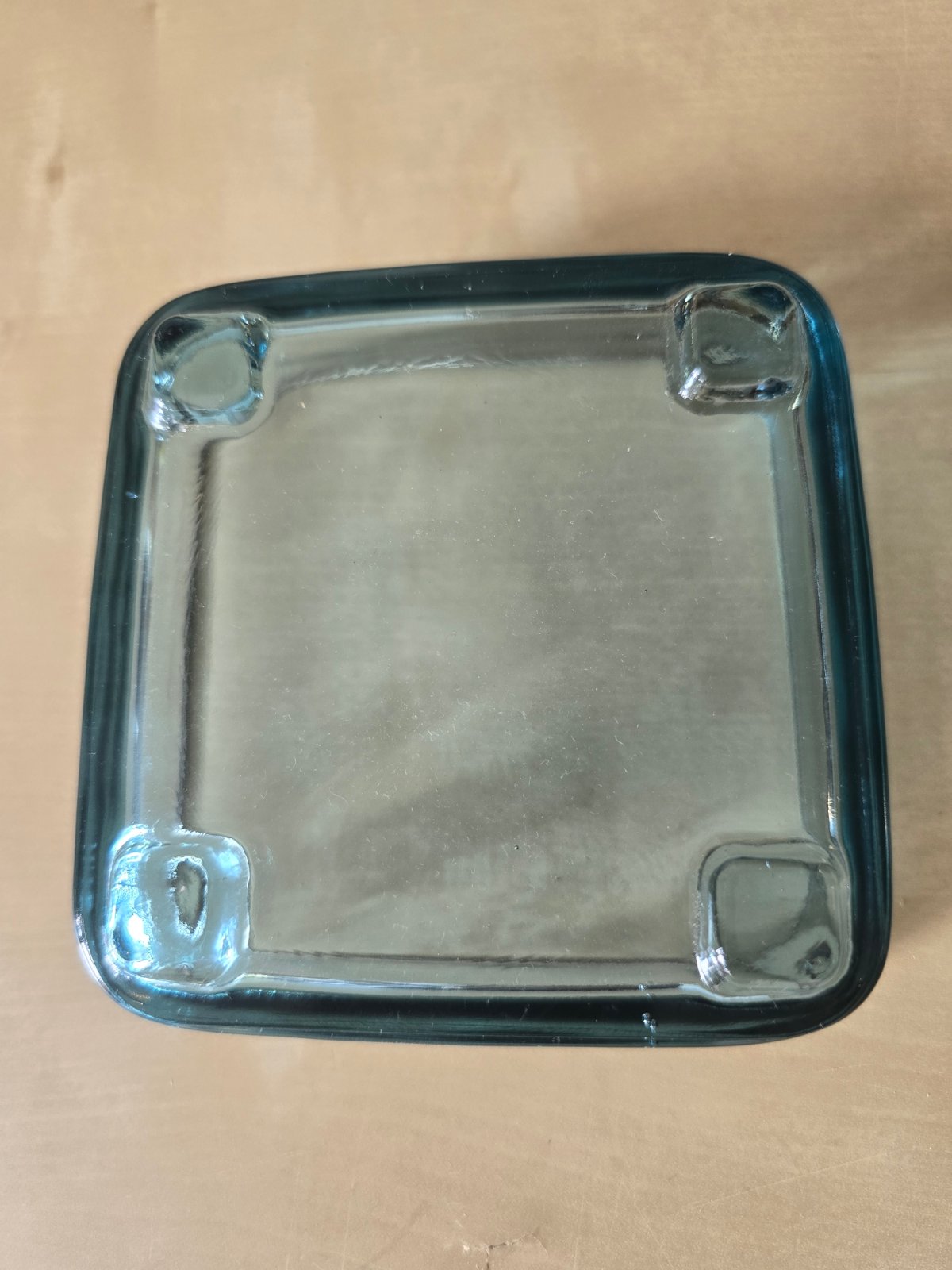 Teakholz Serviertablett Gitteroptik + 6 blaue Glasschälchen 60er/70er
