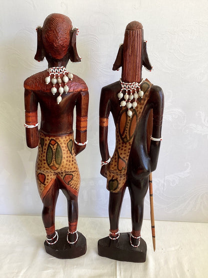 Afrikanische Holzfiguren Paar Massai Krieger Frau Handgeschnitzt bemalt Perlen,