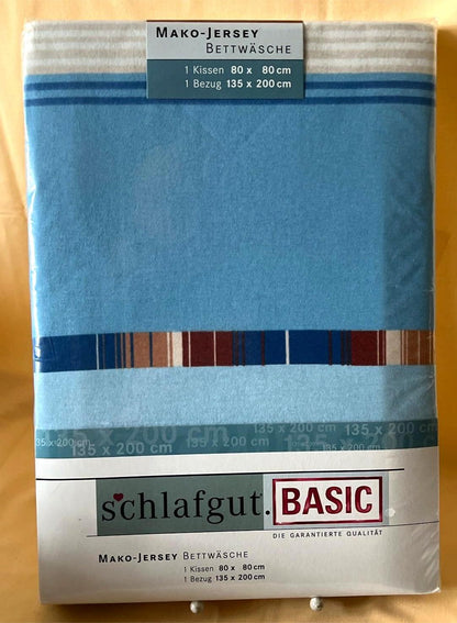 Bettwäscheset, Schlafgut Basic, Mako-Jersey 135x200 + 80x80 blau Streifen NEU