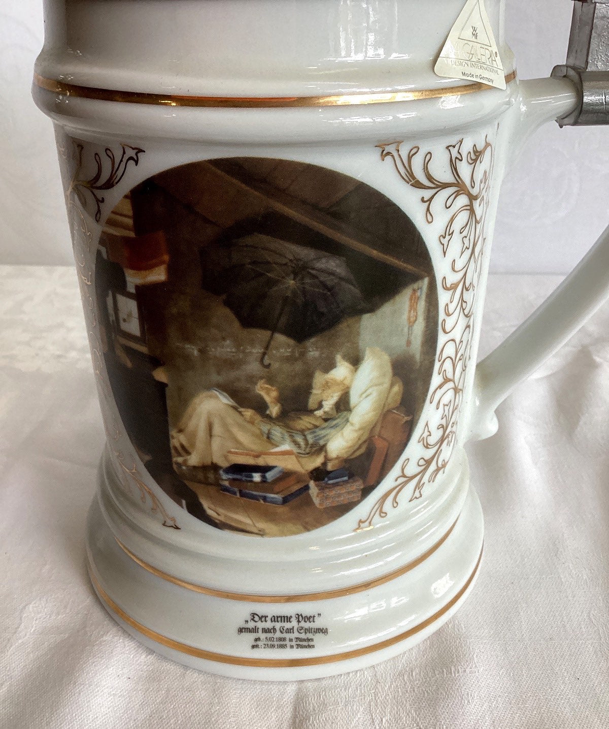 WMF La Galleria Bierkrug Porzellan Zinndeckel Der arme Poet Carl Spitzweg German
