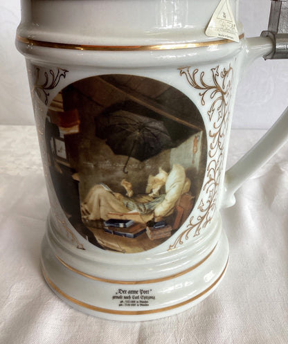 WMF La Galleria Bierkrug Porzellan Zinndeckel Der arme Poet Carl Spitzweg German