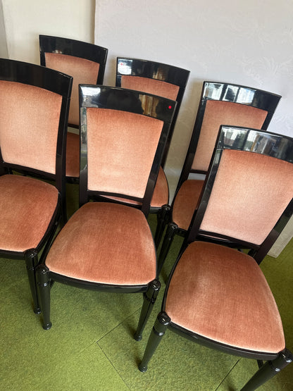 Esstisch rund Wurzelholz + 6 Stühle schwarz Velours rosa Esszimmer-Set