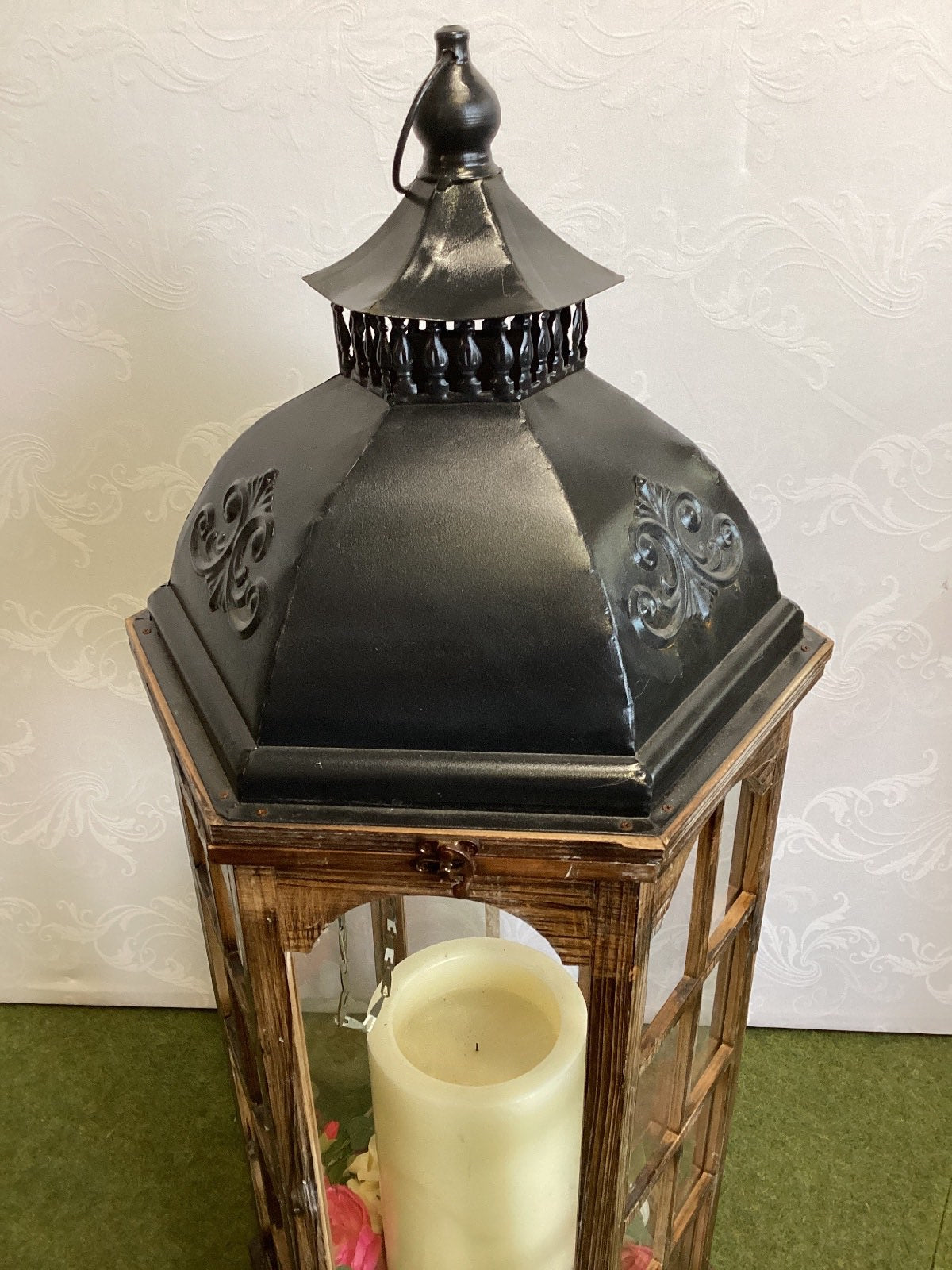 Große Deko-Laterne Holz Metall schwarz Vintage Kerzenlaterne Windlicht Blumen 1m