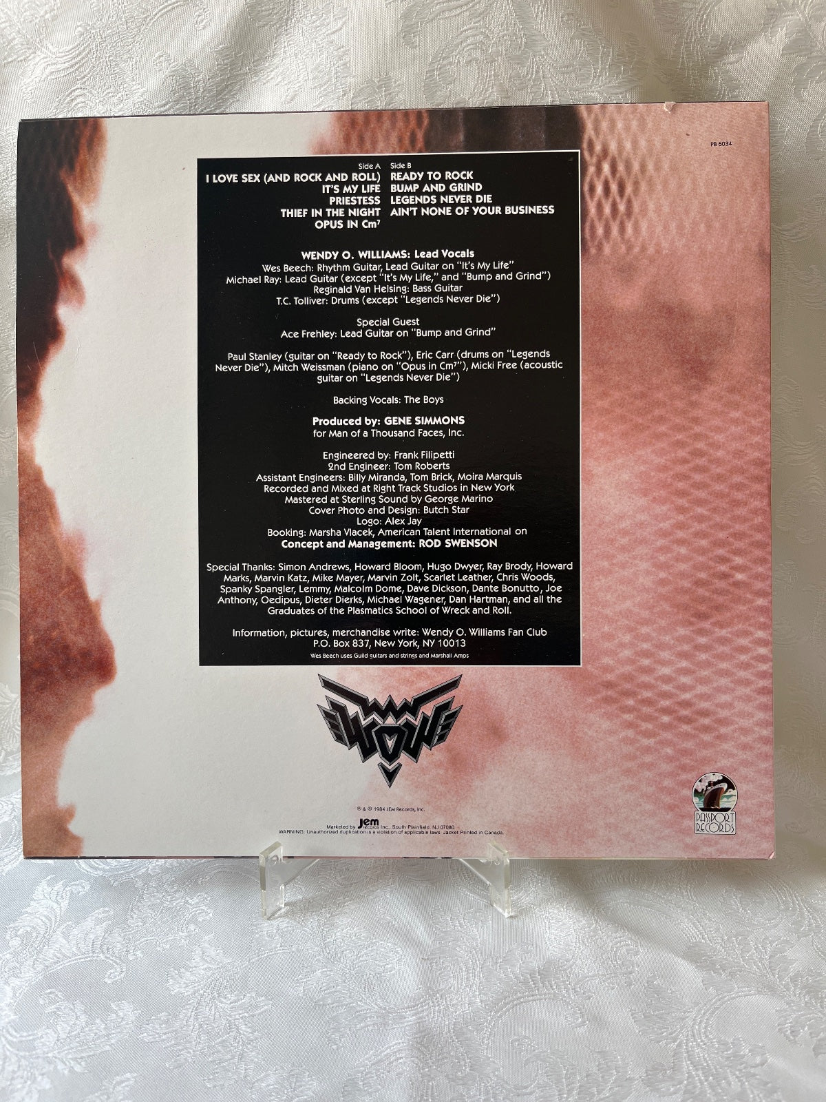 Wendy O. Williams WOW LP Vinyl 1984 Passport Records Plasmatics Hard Rock