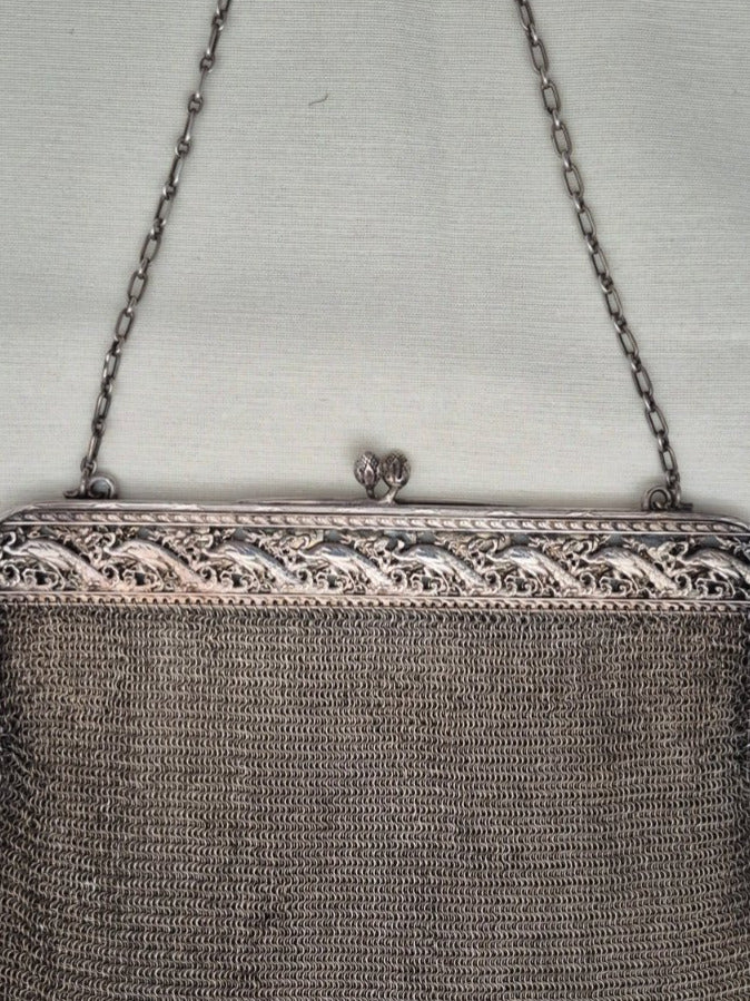 Antike Silber Mesh Abendtasche Kettentasche Jugendstil Vögel Dekor um 1900