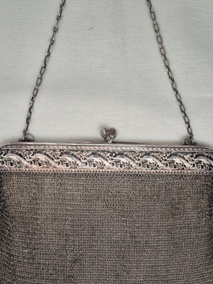 Antike Silber Mesh Abendtasche Kettentasche Jugendstil Vögel Dekor um 1900