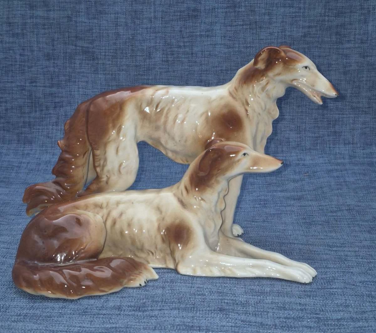 Porzellan Figur Barsoi Paar stehend & liegend Windhund Vintage Deko Hund
