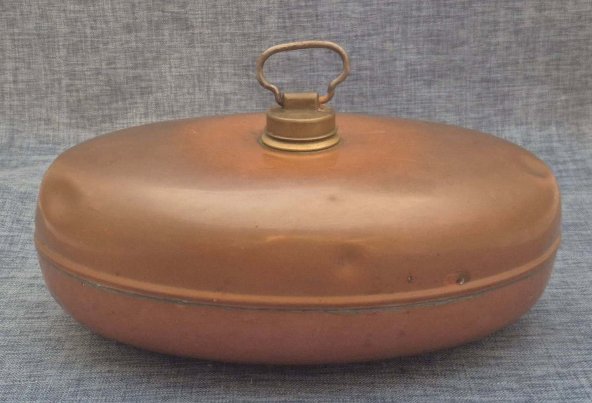 Wärmflasche Kupfer oval Messing Verschluss Bettflasche Bettwärmer alt