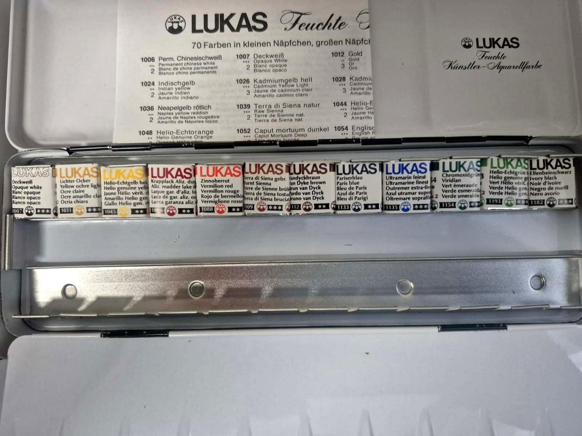 LUKAS Feuchte Künstler-Aquarellfarbe Set 12 Näpfchen Nr. 6721 Metallkasten OVP
