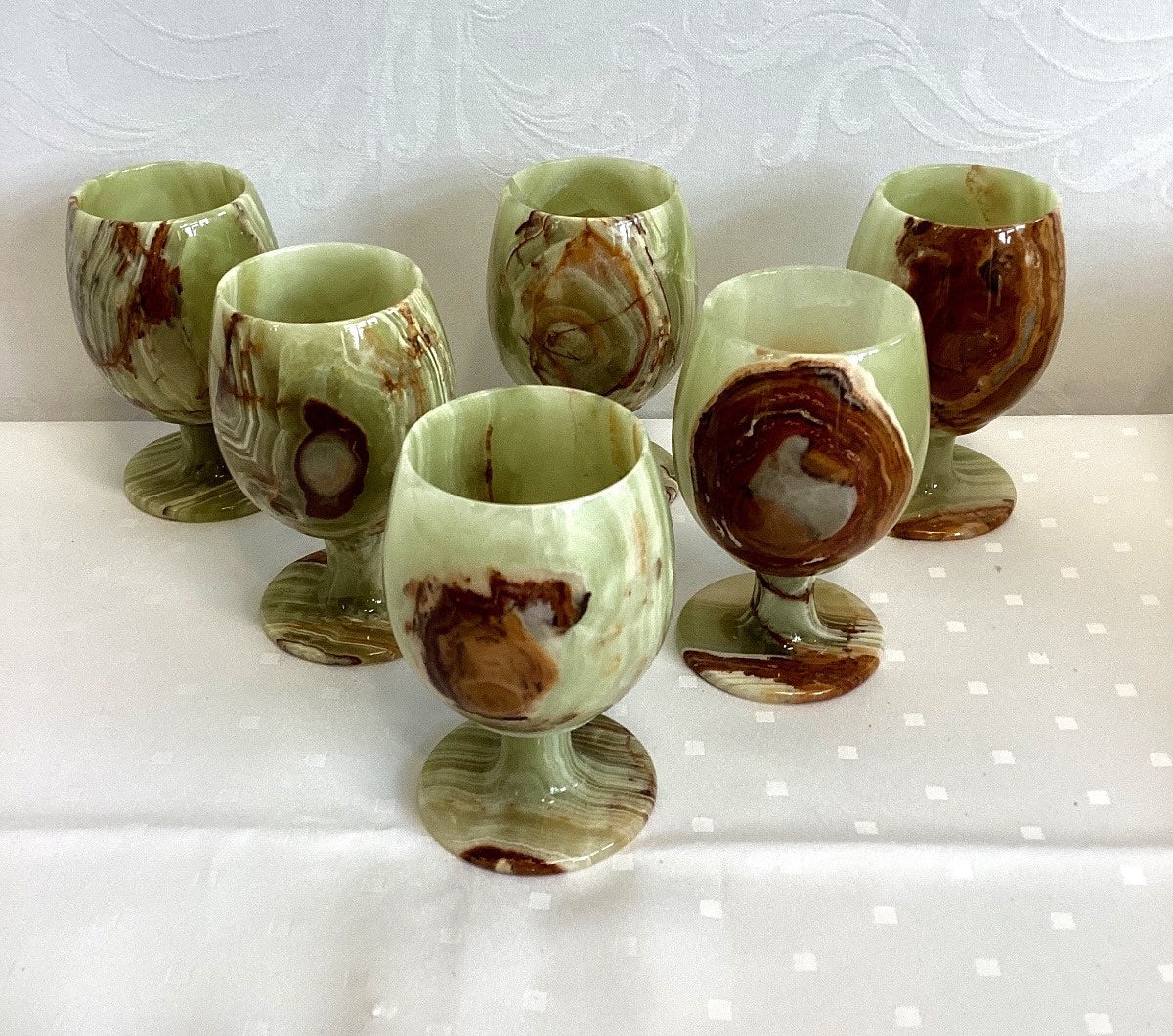 6x Onyx Marmor Kelche Weinkelche Becherset grün braun vintage Naturstein, H 10cm