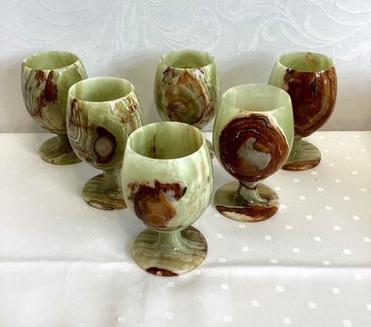 6x Onyx Marmor Kelche Weinkelche Becherset grün braun vintage Naturstein, H 10cm