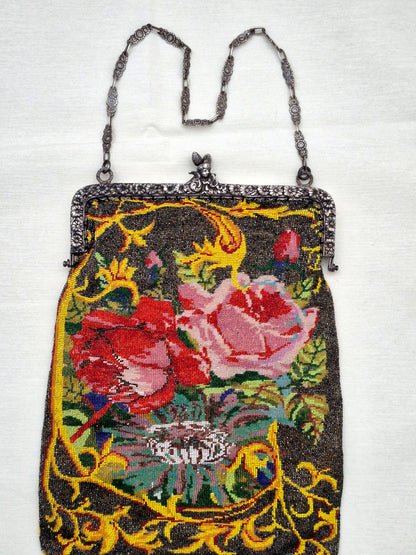 Glasperlenstickerei Abendtasche 800 Silber Rahmen Engel Blumen Jugendstil 1900