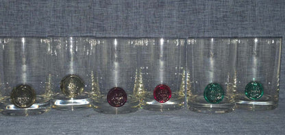 6x Whisky Gläser Set Tumbler farbige Münze im Boden klar Glas Vintage