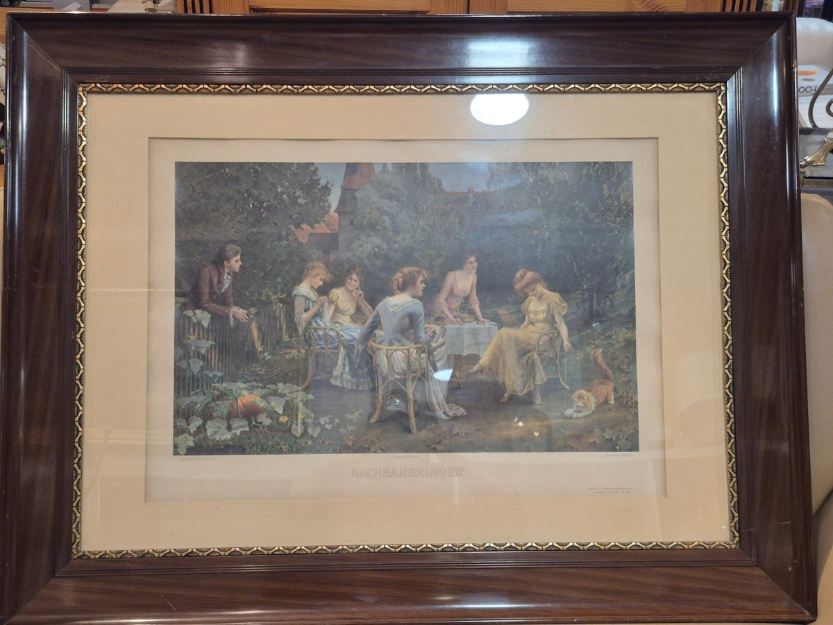 Aquarelldruck Nachbarskinder Hermann Koch W.Vobach antik Gründerzeit Holzrahmen