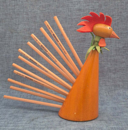 Wackelkopfhahn - Bobble Head - Buntstifthalter - Holz - Denmark - Mid Century