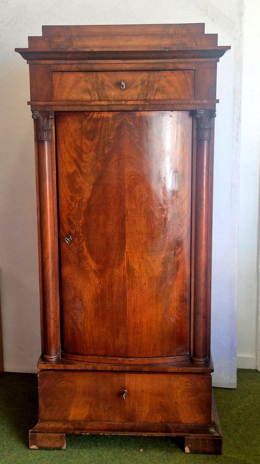 Antiker Biedermeier Vertiko Mahagoni Säulen Schrank 19. Jh. 1 Tür 2 Schubladen