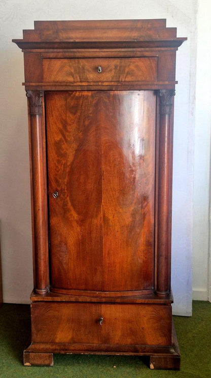 Antiker Biedermeier Vertiko Mahagoni Säulen Schrank 19. Jh. 1 Tür 2 Schubladen
