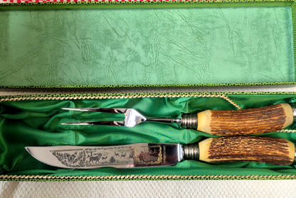 Baron Solingen Tranchier-Set Hirschhorn Jagd Messer Gabel Stainless Germany