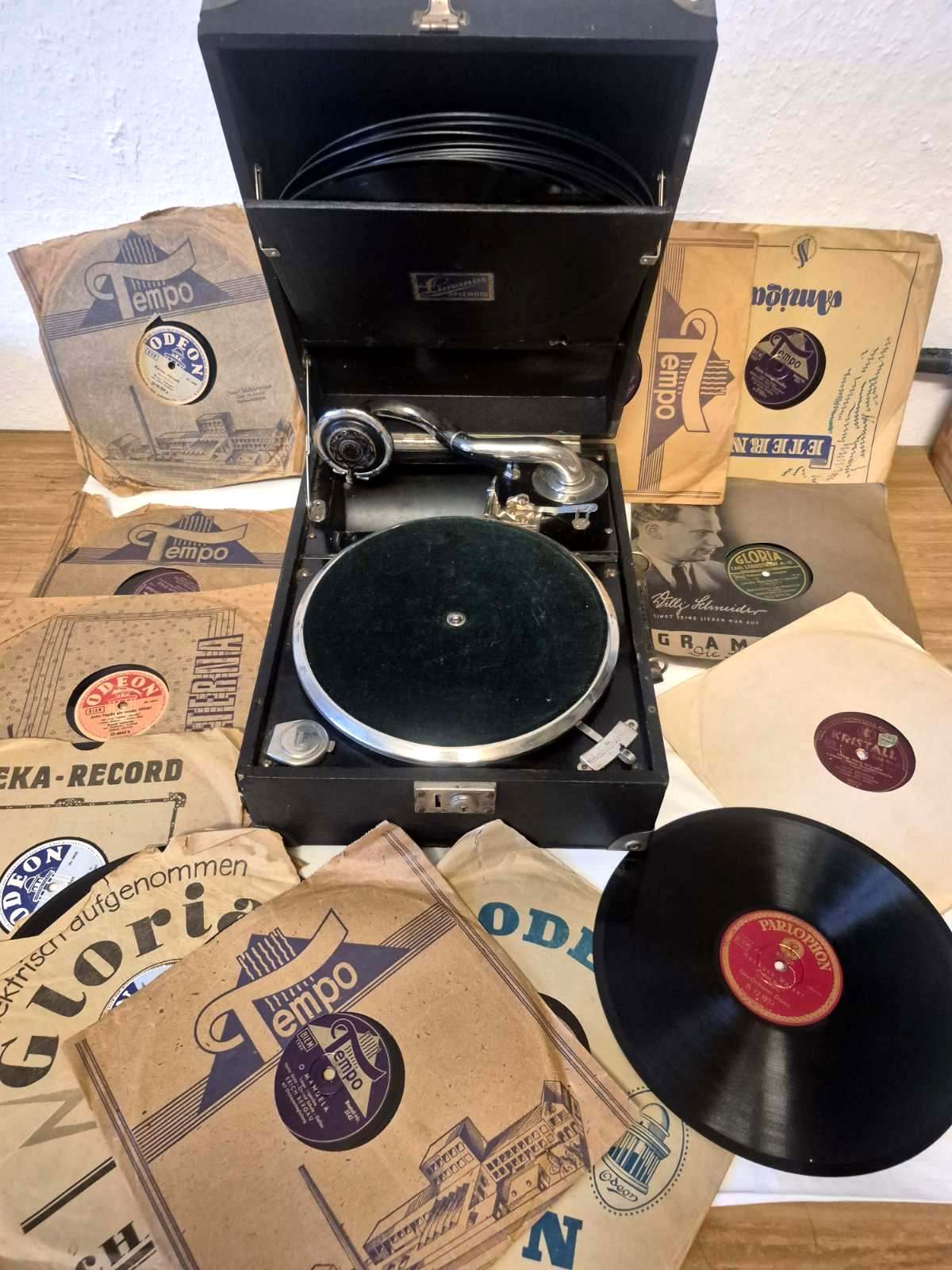 Limania Splendid Koffergrammophon ca 1920 + Schellackplatten Konvolut Bastler