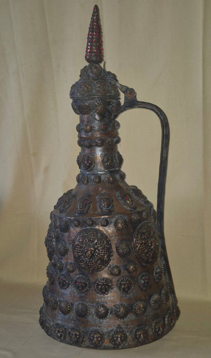 Alte Orientalische Kupferkanne Ewer mit Deckel Reliefdekor Steine Löwen Deko