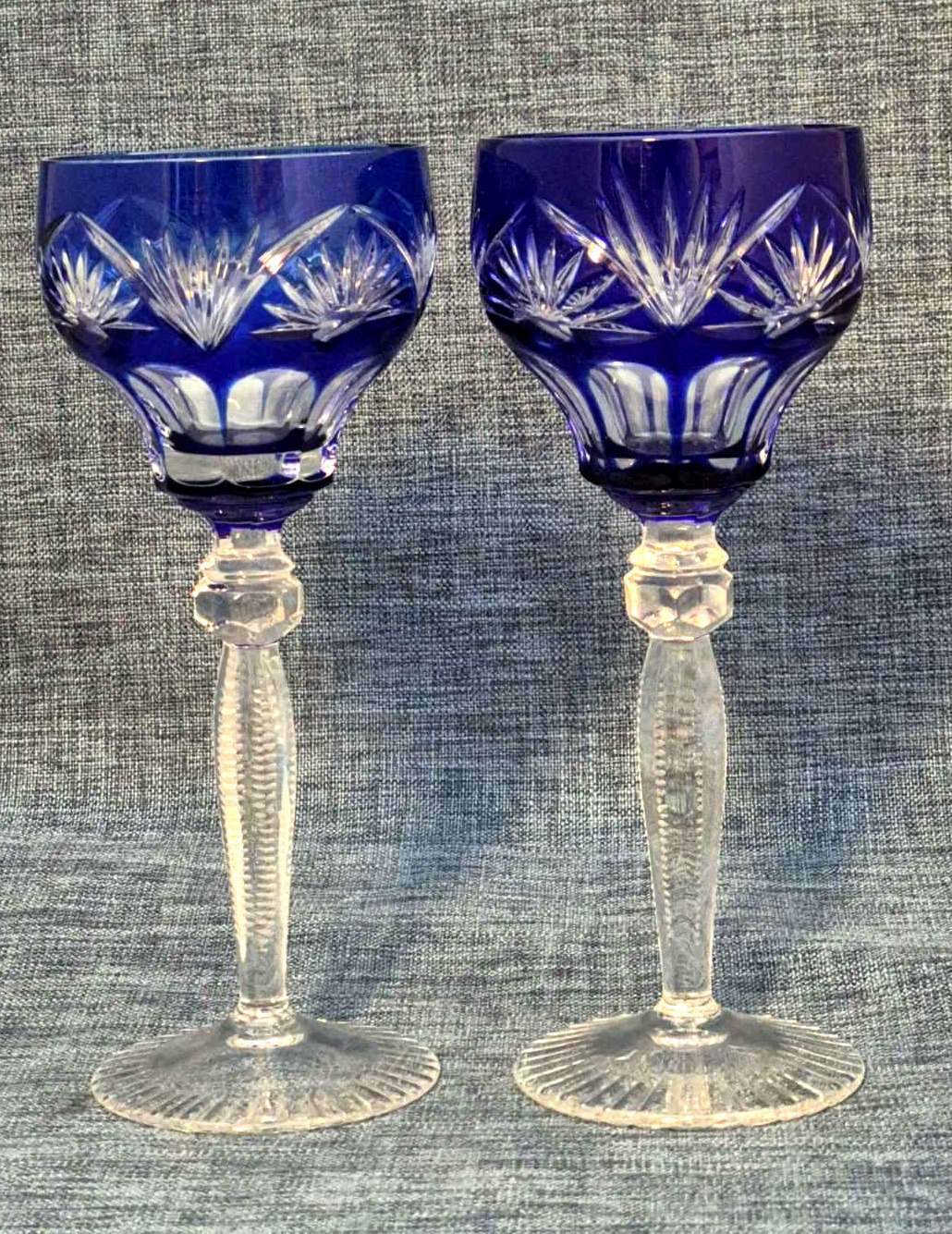 2x Kristall Weinglas Überfangglas Kobaltblau Schliff Vintage Kelchglas Set