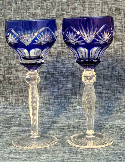 2x Kristall Weinglas Überfangglas Kobaltblau Schliff Vintage Kelchglas Set