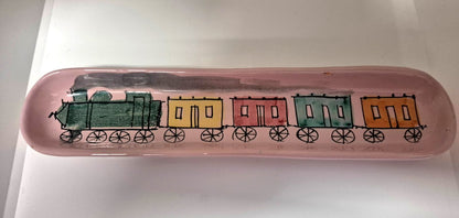 Keramik Schale Eisenbahn Motiv Italy 95/349 rosa lang Mid Century 21 cm lang