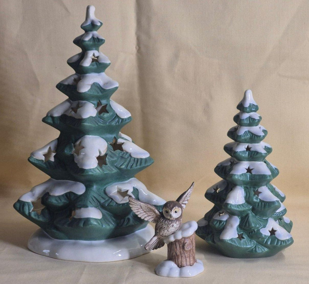 Goebel Weihnacht Porzellan Set 2 Tannenbäume + Eule Figur Teelicht Weihnachten