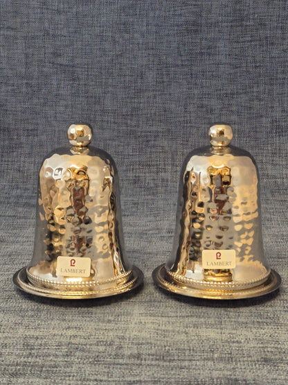 Lambert Eierbecher Set 2x gehämmert Metall Haube Unterteller silber neuwertig