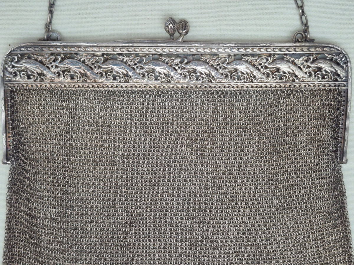 Antike Silber Mesh Abendtasche Kettentasche Jugendstil Vögel Dekor um 1900