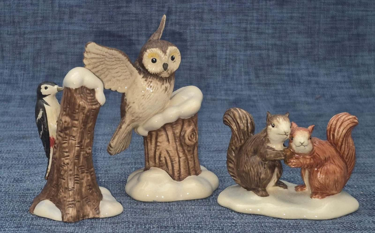 Goebel Porzellan  3er-Set Eule Eichhörnchen Specht Winterweihnachtswald