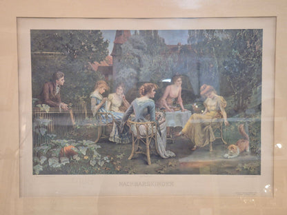 Aquarelldruck Nachbarskinder Hermann Koch W.Vobach antik Gründerzeit Holzrahmen