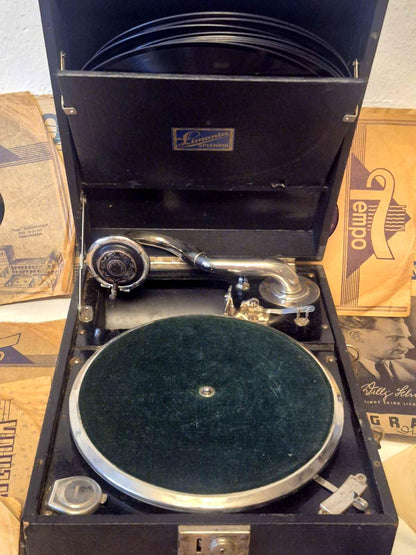 Limania Splendid Koffergrammophon ca 1920 + Schellackplatten Konvolut Bastler
