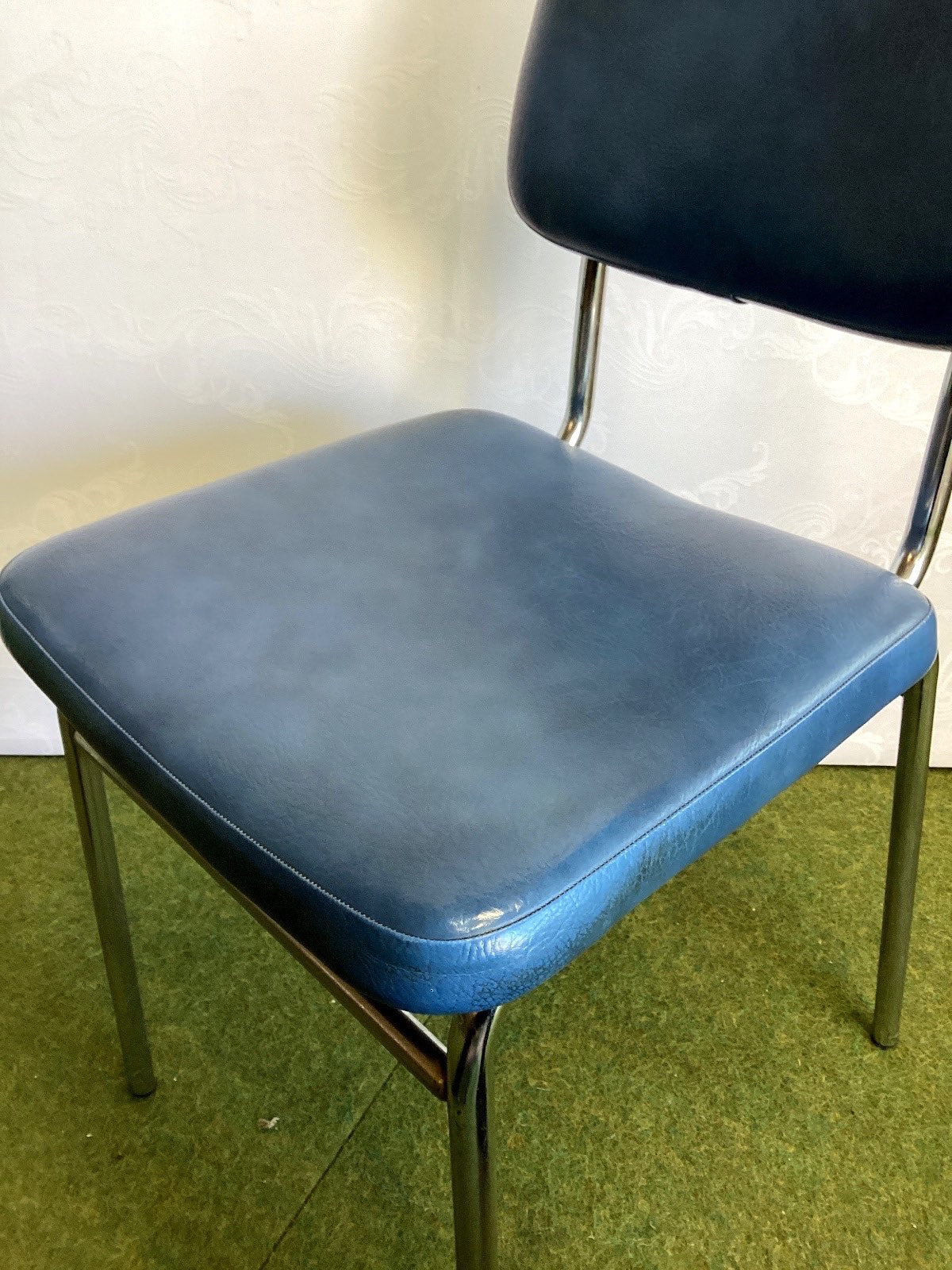Mayer Vintage Stuhl Chrom Kunstleder Blau 70er Küchenstuhl Retro Polsterstuhl