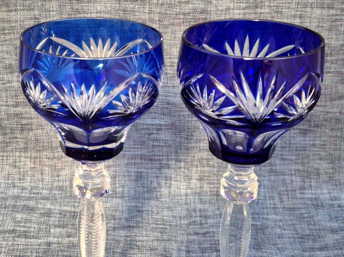2x Kristall Weinglas Überfangglas Kobaltblau Schliff Vintage Kelchglas Set